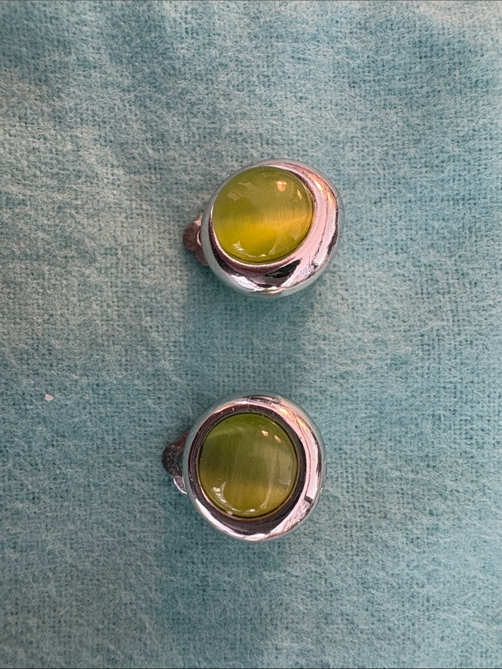 Silver Clip-On Earrings with Olive Green Glass Cabochons
